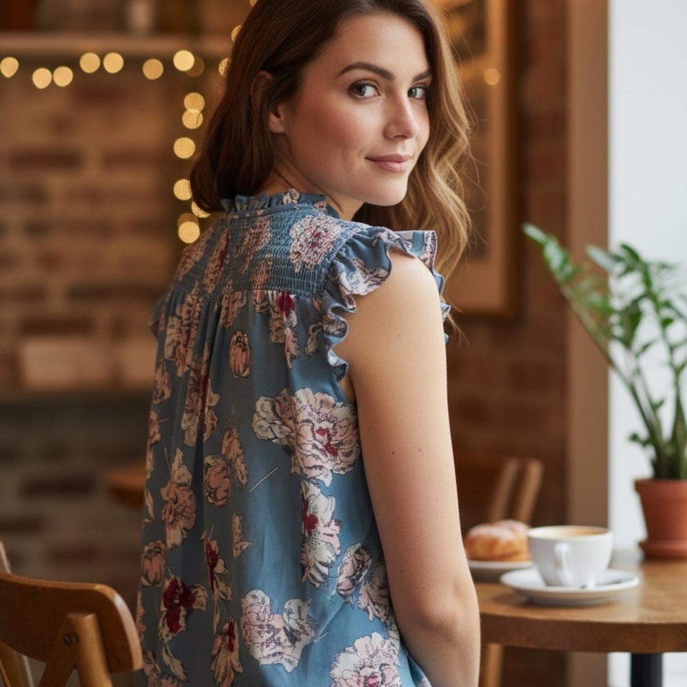 Daniel Rainn Floral Print Blouse Smocked Neckline & Ruffle Sleeves, Small - Picture 2 of 16